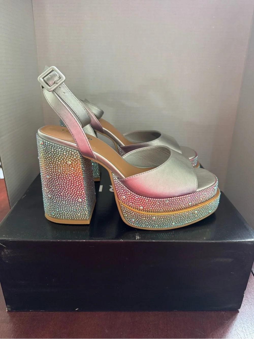 torrid Silver Ankle-Strap Platform Sandals with Multicolor Rhinestone Trim